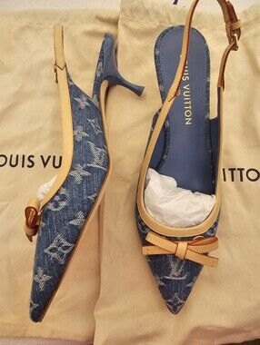 Louis Vuitton Denim Monogram Slingback Pumps with Tan Trim Size 41 - 11 HEEL 2in